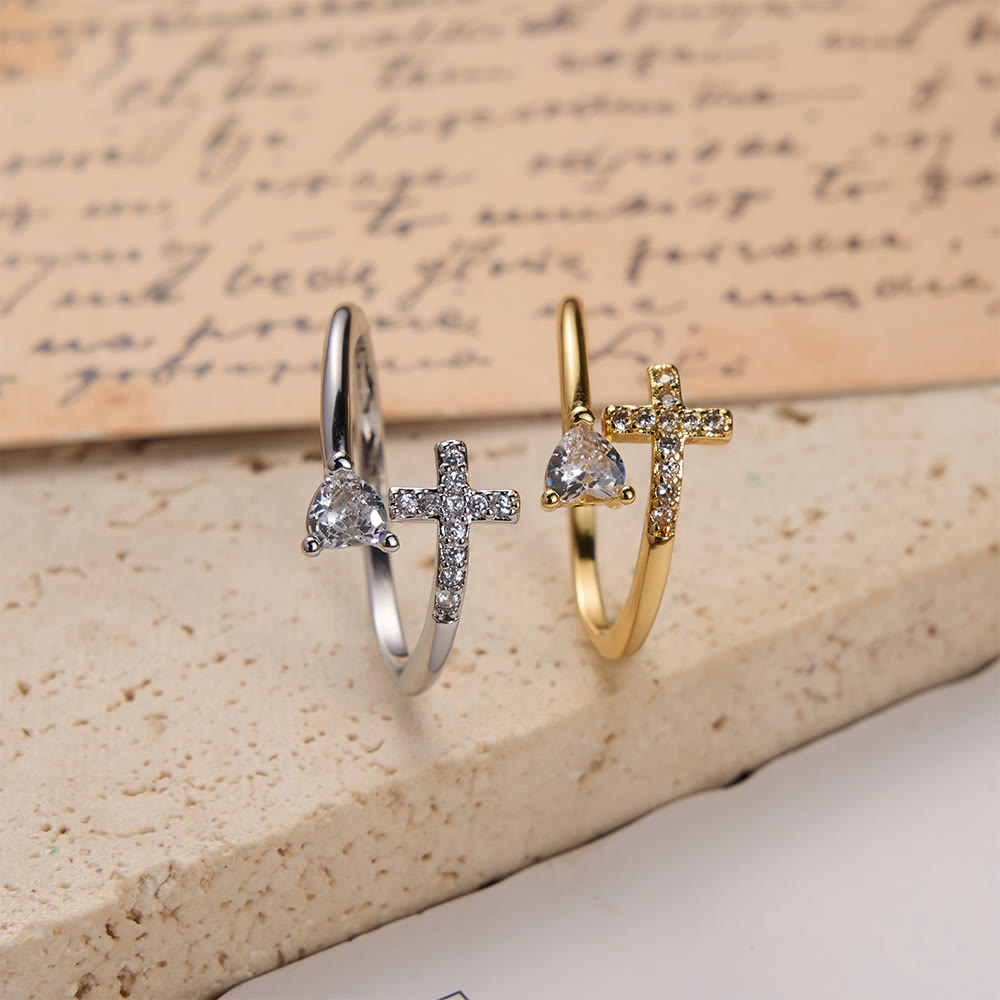 Christianartworkshop Bague ajustable bicolore ornée de zircons en forme de croix et de cœur : un rappel de la grâce sacrée - image 1