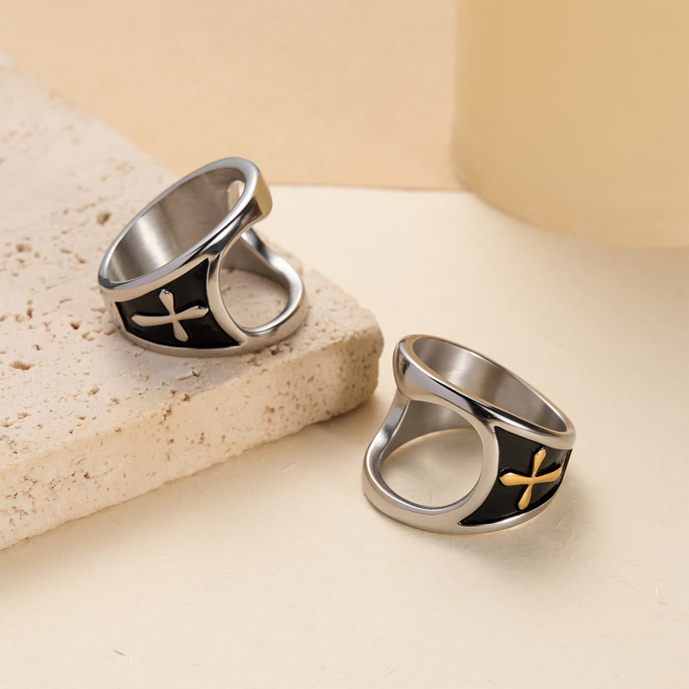 Christianartworkshop Bague décapsuleur en forme de croix classique avec options bicolores et design à anneau ouvert : un emblème intemporel de dévotion - image 0
