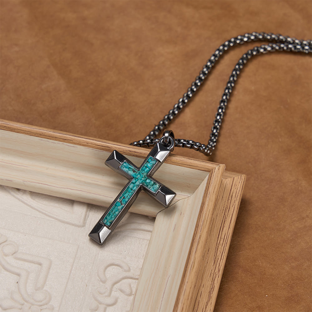 Christianartworkshop Collier croix en métal poli avec incrustation de turquoise : un rappel de la grâce divine - image 1