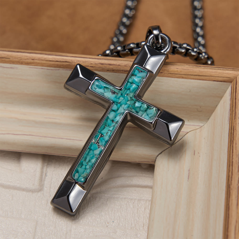 Christianartworkshop Collier croix en métal poli avec incrustation de turquoise : un rappel de la grâce divine - Croix turquoise - image 0