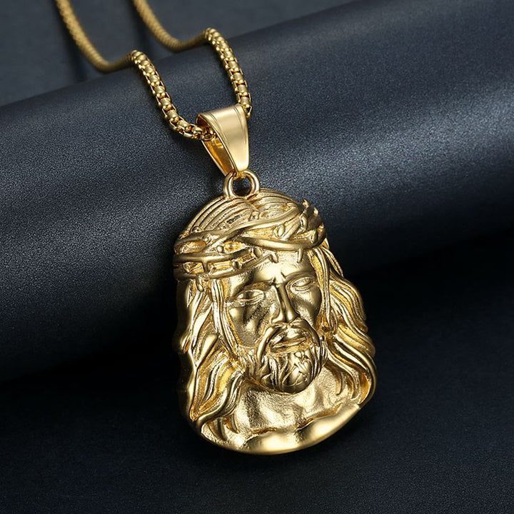 Christianartworkshop Collier pendentif tête de Jésus avec couronne d'épines et accents de zircon : un symbole de sacrifice et de grâce - Épine dorée et brillante - image 1