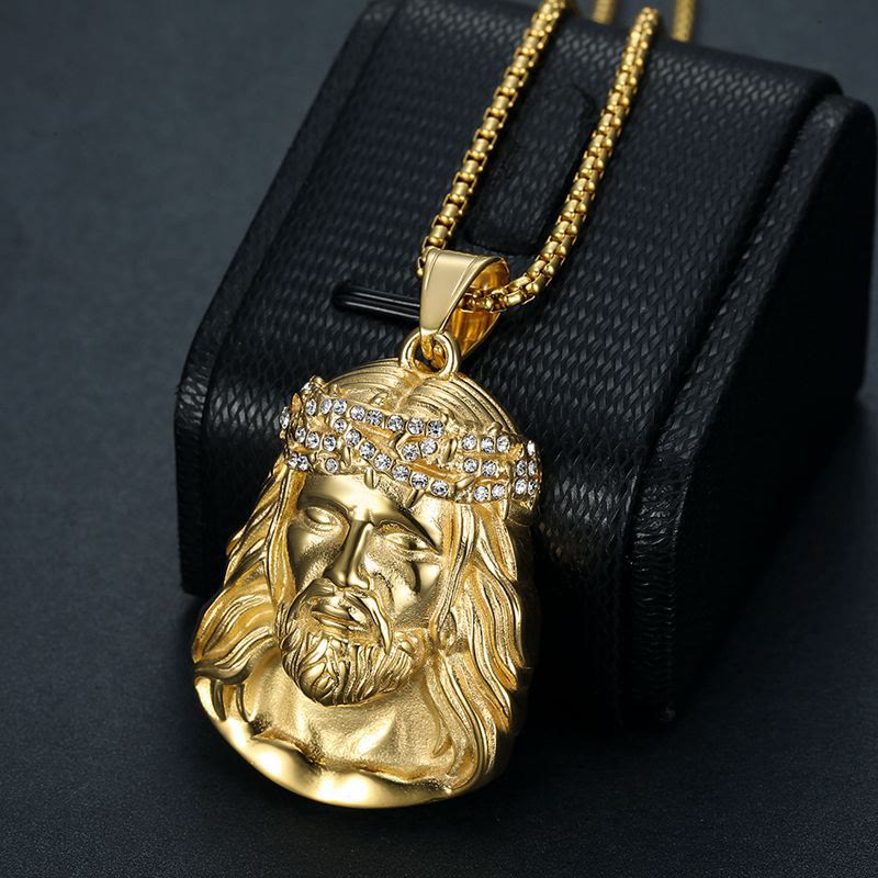 Christianartworkshop Collier pendentif tête de Jésus avec couronne d'épines et accents de zircon : un symbole de sacrifice et de grâce - Épine de zircon doré - image 0