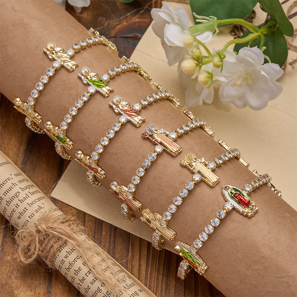 Christianartworkshop Bracelet de tennis en zircon étincelant orné de motifs de saint Jude, saint Benoît et Notre-Dame : un rappel de la grâce céleste - image 0