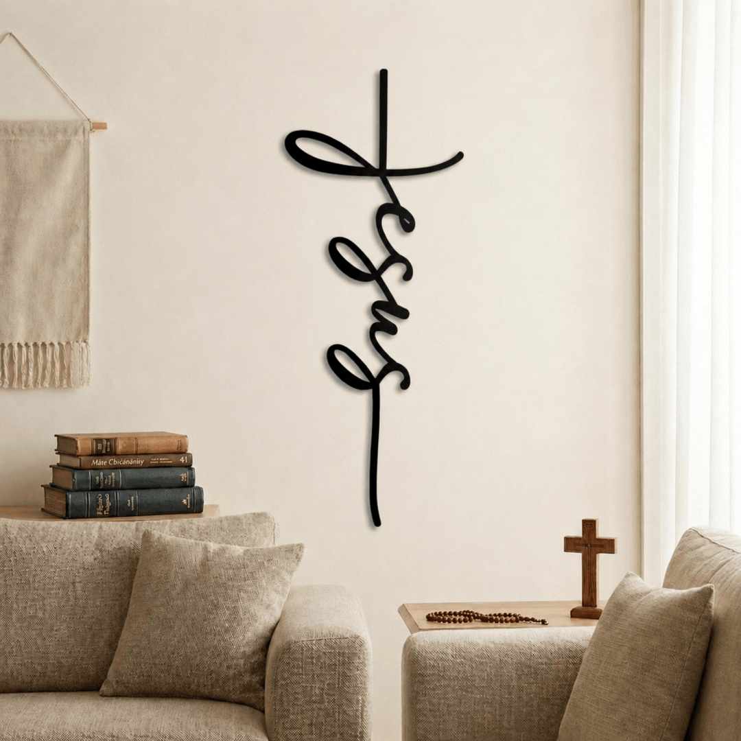 Christianartworkshop Croix murale en métal avec inscription « Jésus » : une affirmation minimaliste de la foi - image 0