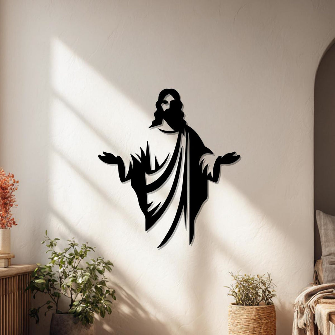 Christianartworkshop Décoration murale en métal Silhouette de Jésus accueillant : Un symbole de la grâce divine - image 0