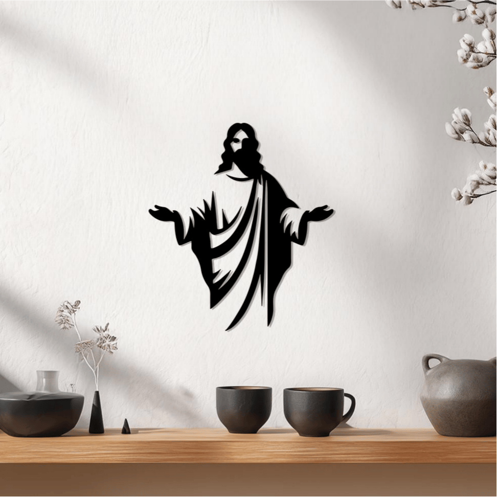 Christianartworkshop Décoration murale en métal Silhouette de Jésus accueillant : Un symbole de la grâce divine - image 1
