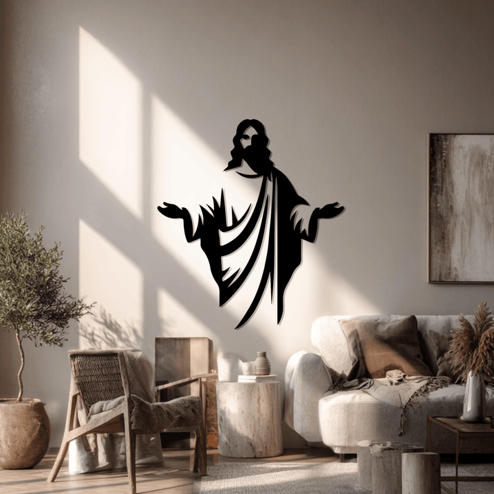 Christianartworkshop Décoration murale en métal Silhouette de Jésus accueillant : Un symbole de la grâce divine - image 2