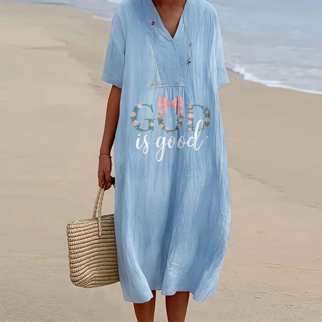 Christianartworkshop Robe midi à manches courtes et col en V, motif aquarelle « Dieu est bon en tout temps » - Bleu - 4XL - image 0