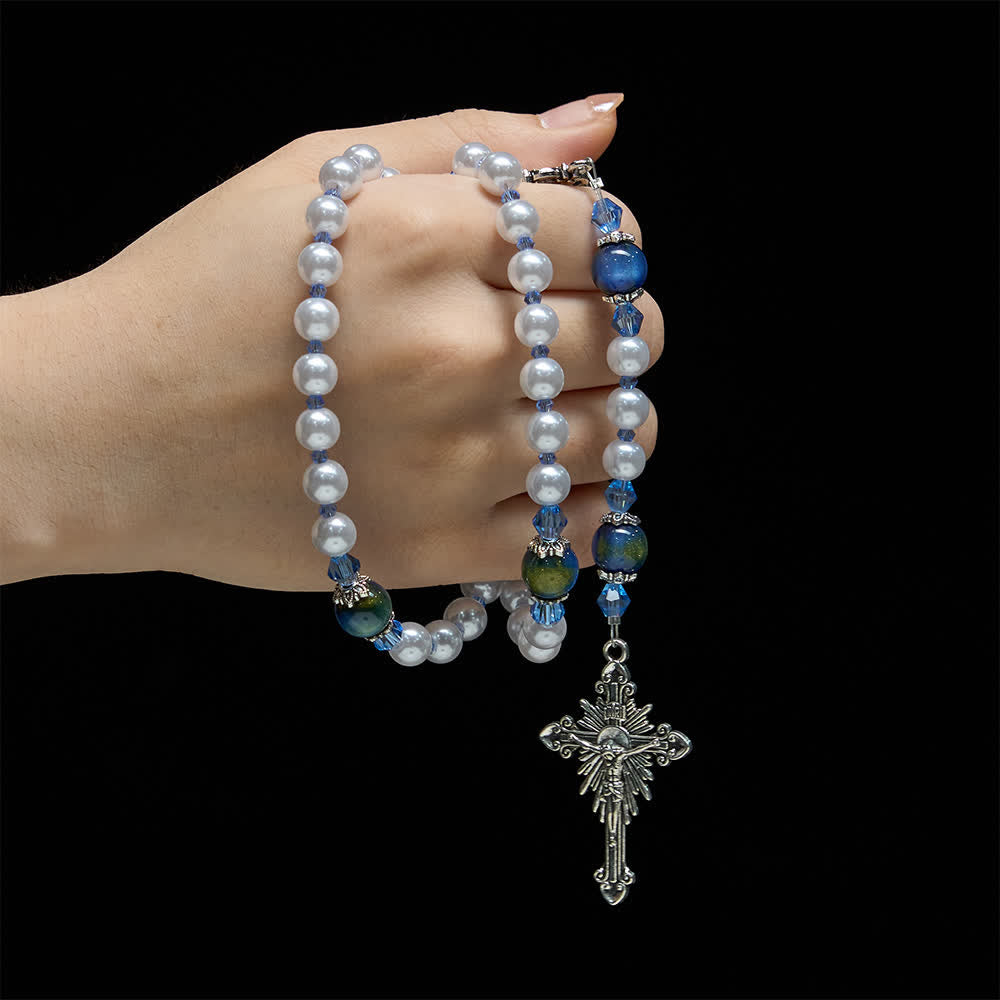 Christianartworkshop Chapelet à perles dégradées bleu-vert et blanches avec Notre-Dame - image 1