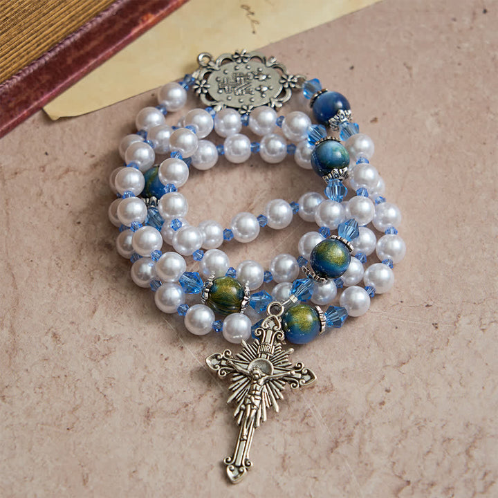 Christianartworkshop Chapelet à perles dégradées bleu-vert et blanches avec Notre-Dame - image 2