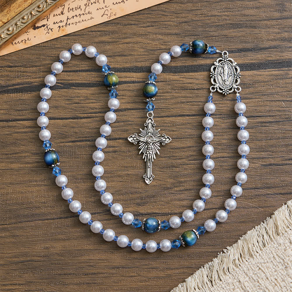 Christianartworkshop Chapelet à perles dégradées bleu-vert et blanches avec Notre-Dame - image 3