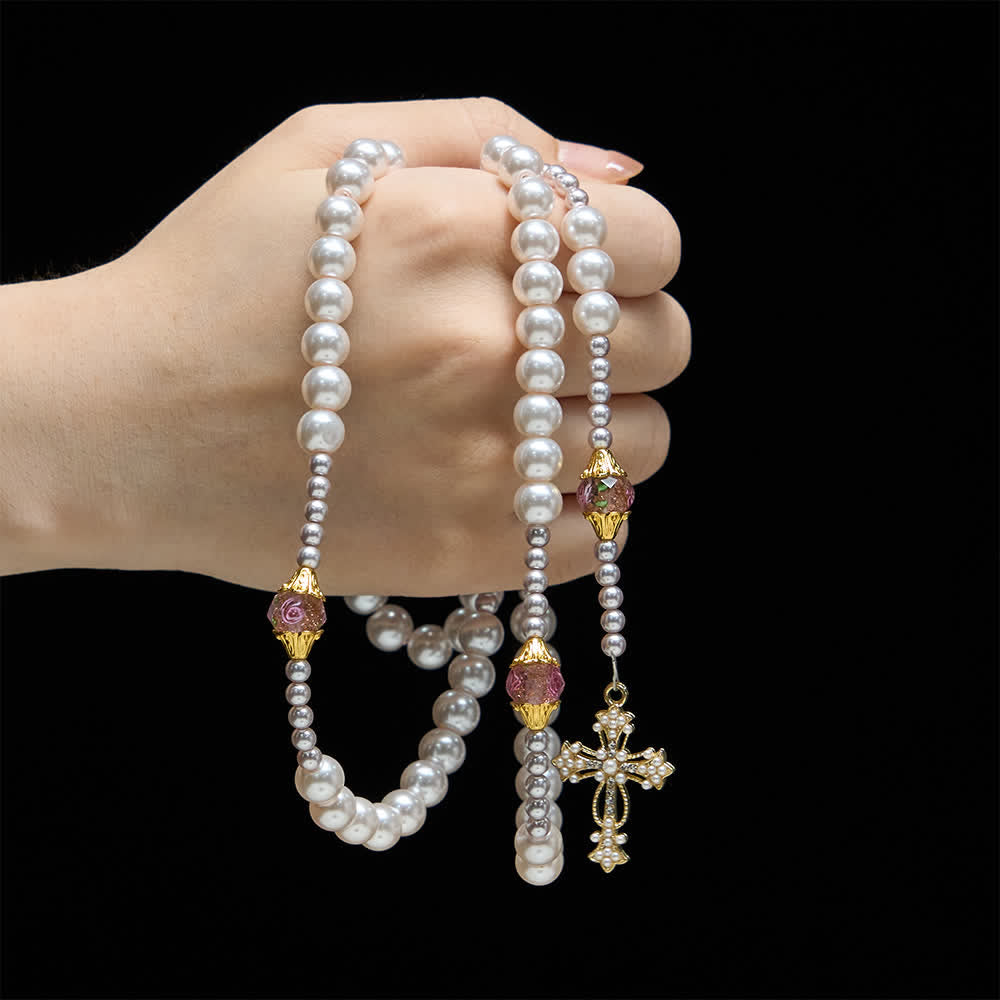Christianartworkshop Chapelet de Guadalupe en perles ivoire et roses : Élégance sacrée et vintage - image 1