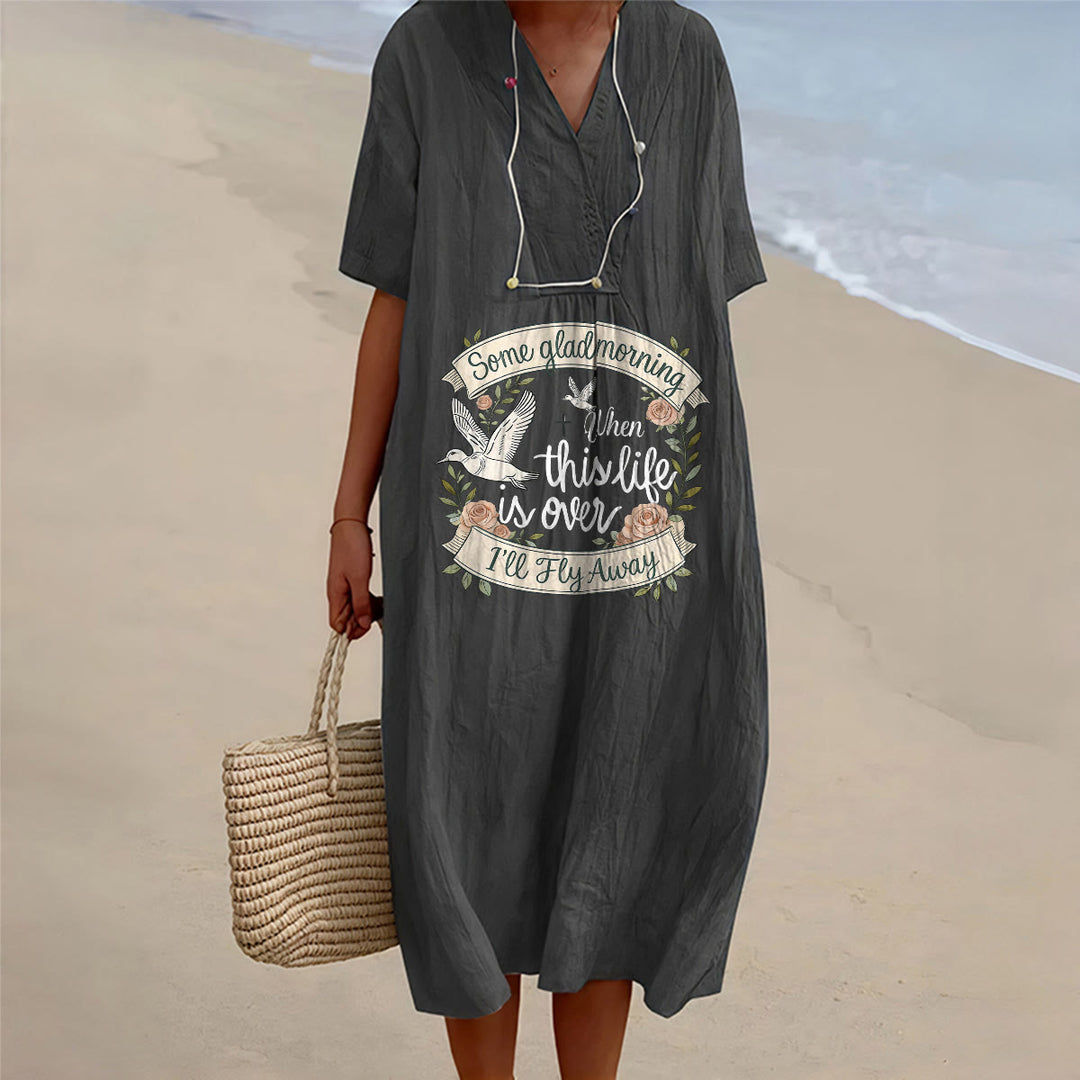 Christianartworkshop Robe midi à manches courtes et col en V à imprimé floral « Some Glad Morning I'll Fly Away » - Noir - 4XL - image 0