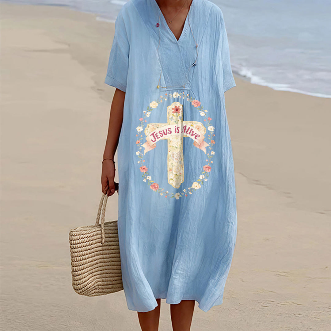 Christianartworkshop Robe midi à manches courtes et col en V ornée d'un motif floral croisé « Jésus est vivant ». - Bleu - 4XL - image 0