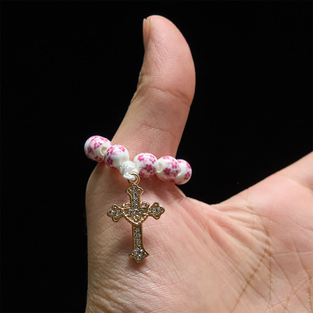 Christianartworkshop Chapelet de doigt en céramique rose à motif floral avec croix en cristal - image 1