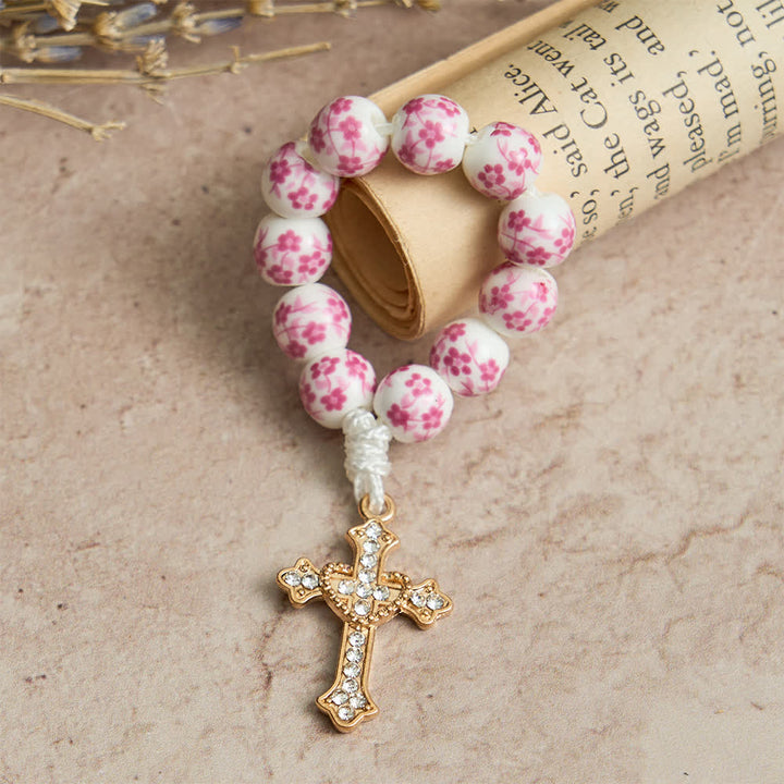 Christianartworkshop Chapelet de doigt en céramique rose à motif floral avec croix en cristal - 10 pièces - image 0