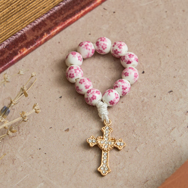 Christianartworkshop Chapelet de doigt en céramique rose à motif floral avec croix en cristal - image 2