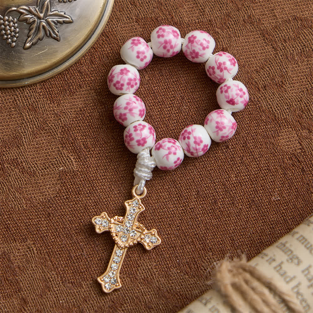 Christianartworkshop Chapelet de doigt en céramique rose à motif floral avec croix en cristal - image 5