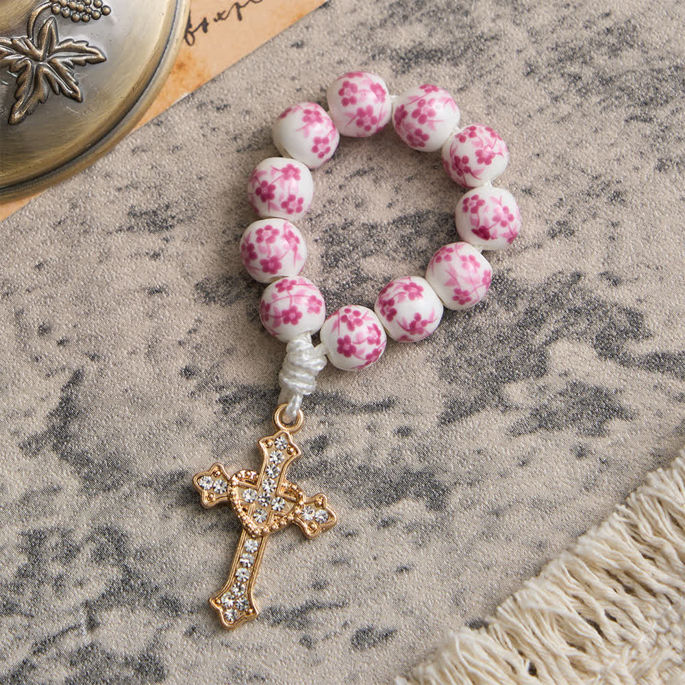 Christianartworkshop Chapelet de doigt en céramique rose à motif floral avec croix en cristal - image 4