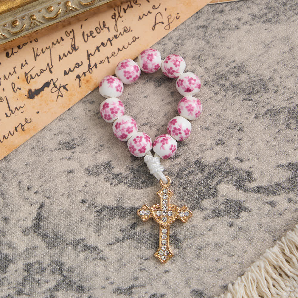 Christianartworkshop Chapelet de doigt en céramique rose à motif floral avec croix en cristal - image 3