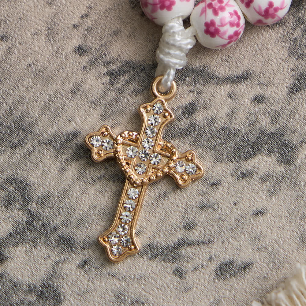 Christianartworkshop Chapelet de doigt en céramique rose à motif floral avec croix en cristal - image 7