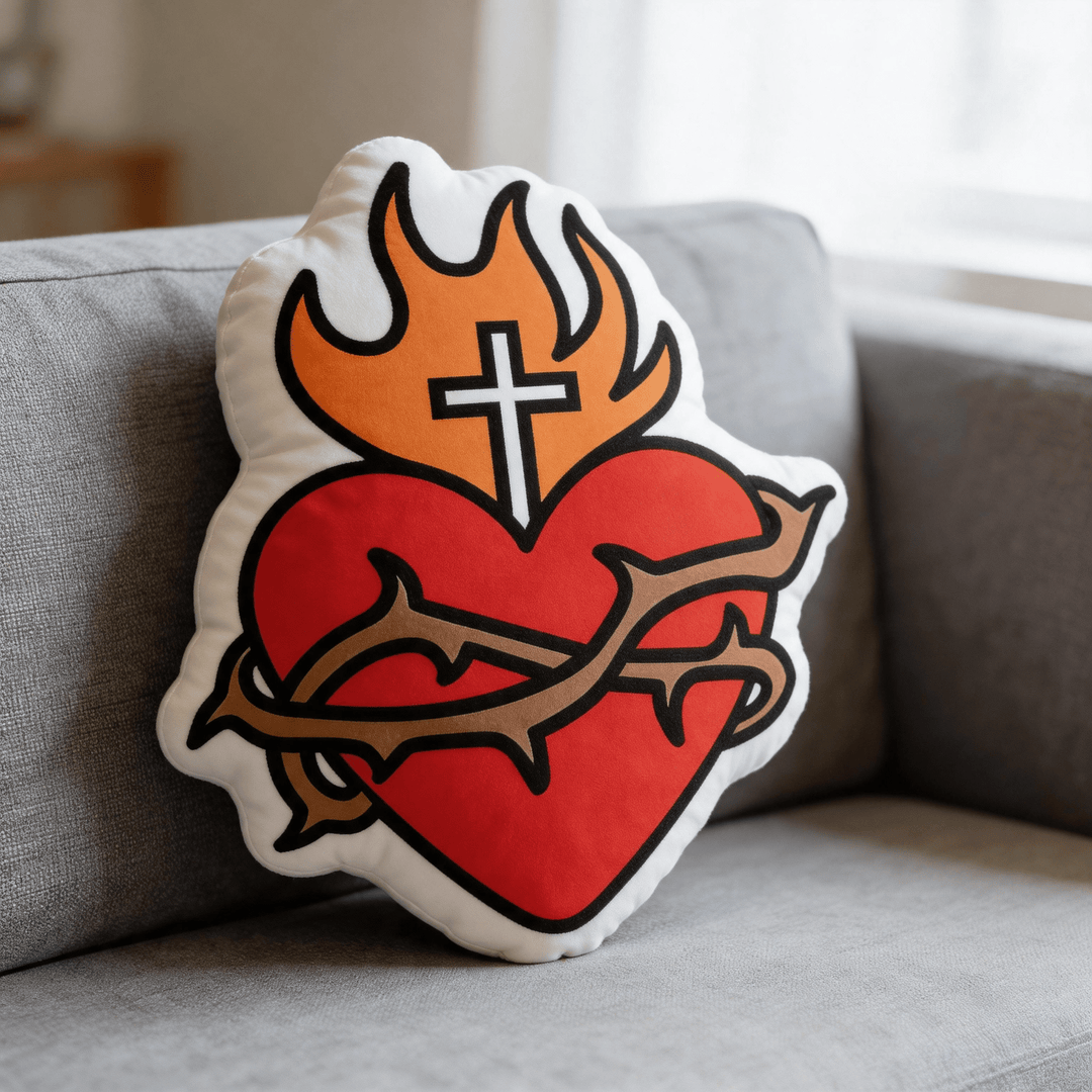 Christianartworkshop Coussin religieux en forme de croix du Sacré-Cœur, de flamme et de couronne d'épines - image 3