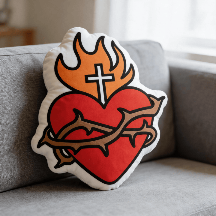 Christianartworkshop Coussin religieux en forme de croix du Sacré-Cœur, de flamme et de couronne d'épines - image 3