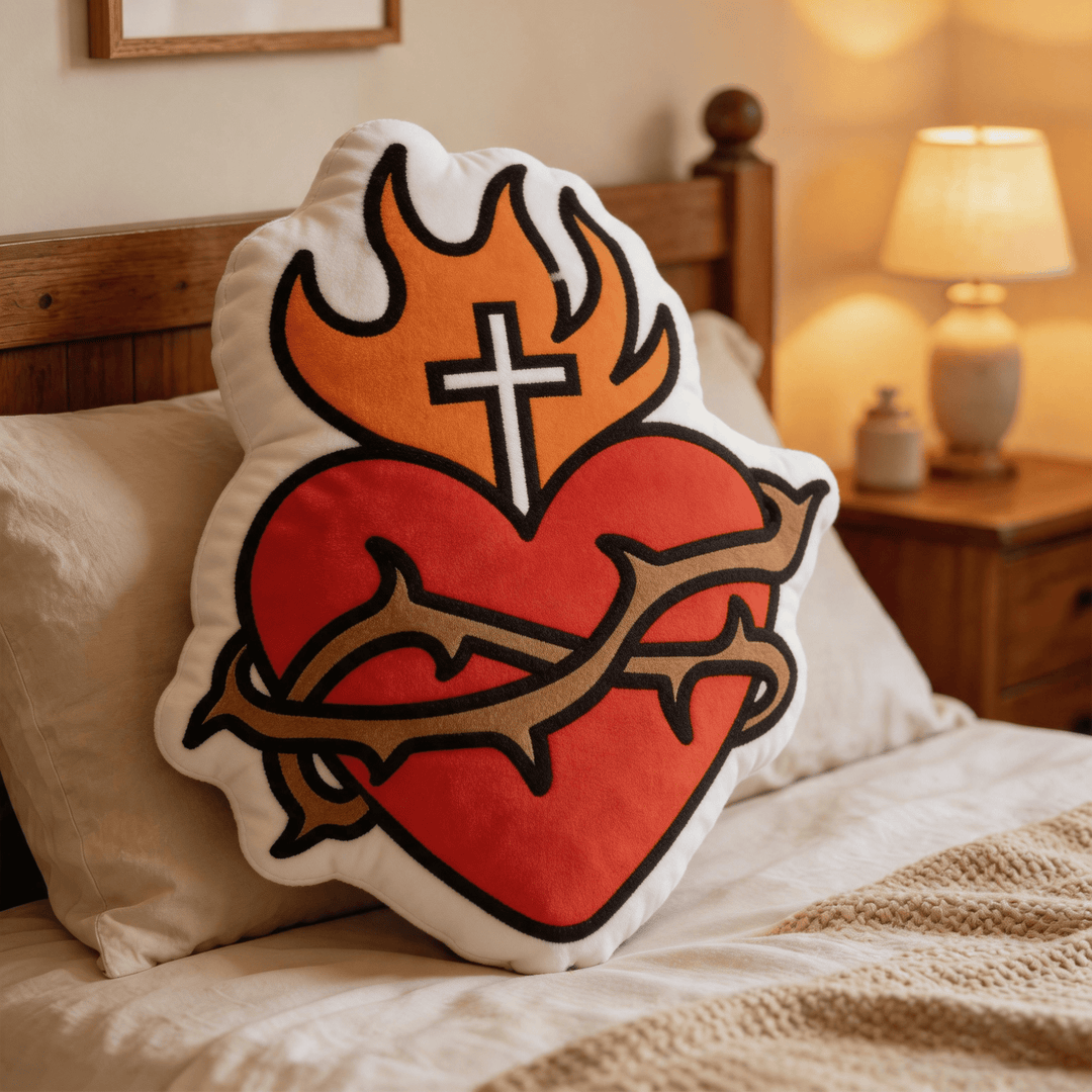 Christianartworkshop Coussin religieux en forme de croix du Sacré-Cœur, de flamme et de couronne d'épines - image 1