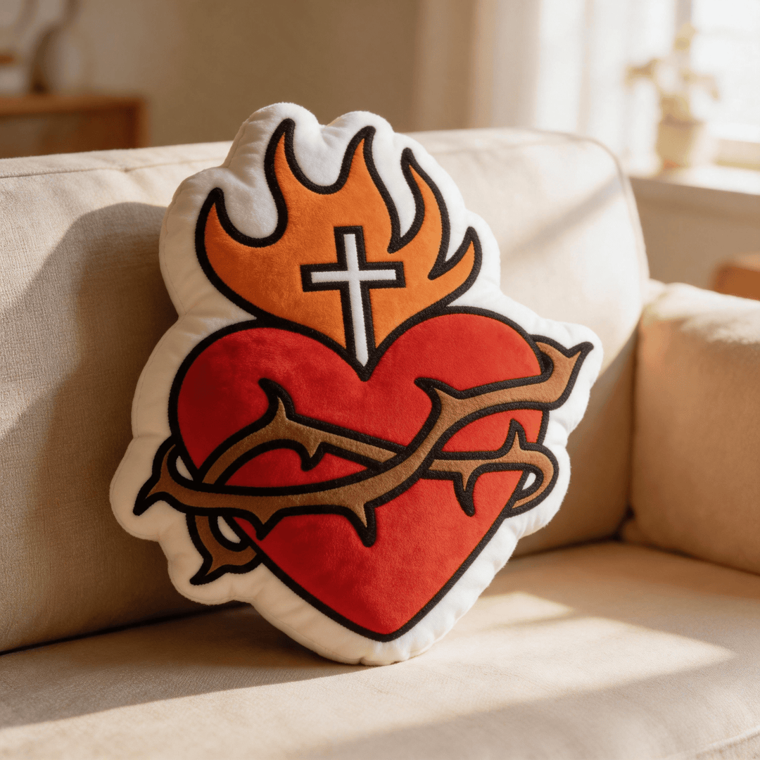 Christianartworkshop Coussin religieux en forme de croix du Sacré-Cœur, de flamme et de couronne d'épines - 24" (60 cm) - image 0