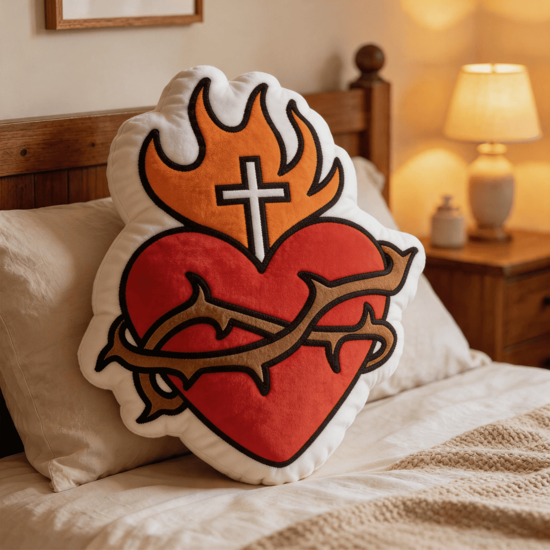 Christianartworkshop Coussin religieux en forme de croix du Sacré-Cœur, de flamme et de couronne d'épines - image 2