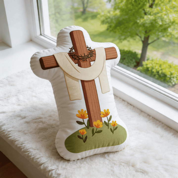 Christianartworkshop Coussin décoratif inspiré par la foi, orné d'une croix florale, d'une couronne d'épines et d'un drapé en tissu. - 24" (60 cm) - image 0