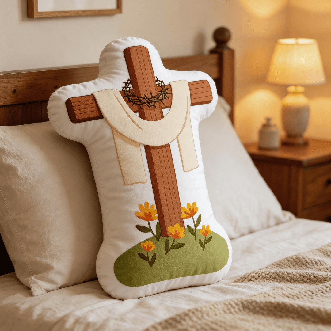 Christianartworkshop Coussin décoratif inspiré par la foi, orné d'une croix florale, d'une couronne d'épines et d'un drapé en tissu. - image 2