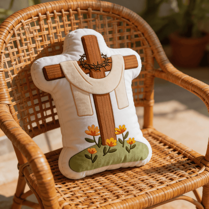 Christianartworkshop Coussin décoratif inspiré par la foi, orné d'une croix florale, d'une couronne d'épines et d'un drapé en tissu. - image 6