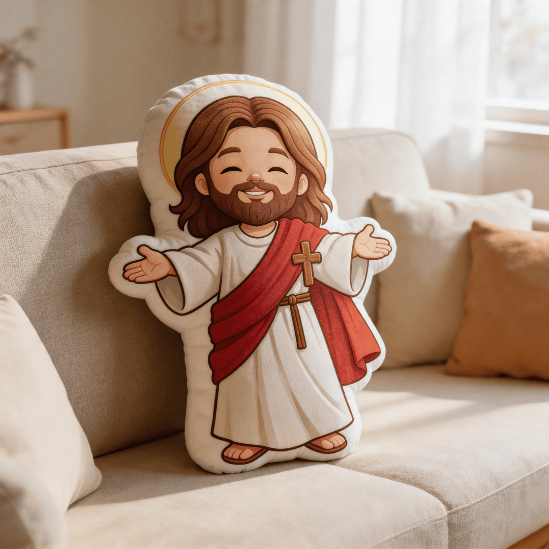 Christianartworkshop Coussin décoratif en forme de Jésus souriant et mignon, les bras ouverts et auréolé - image 2