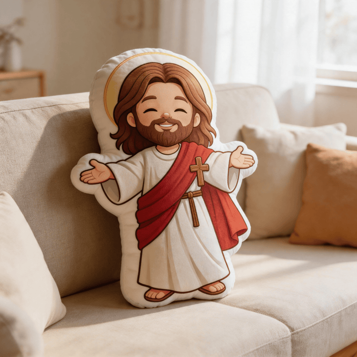Christianartworkshop Coussin décoratif en forme de Jésus souriant et mignon, les bras ouverts et auréolé - image 2
