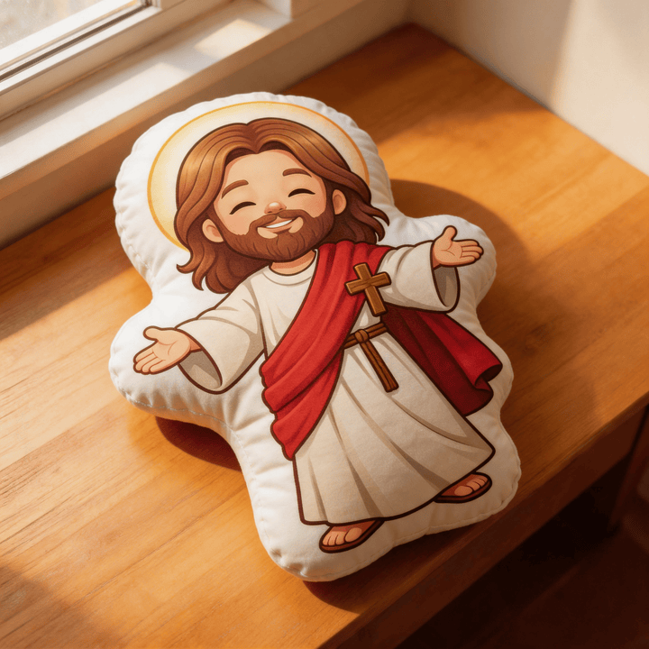 Christianartworkshop Coussin décoratif en forme de Jésus souriant et mignon, les bras ouverts et auréolé - image 3
