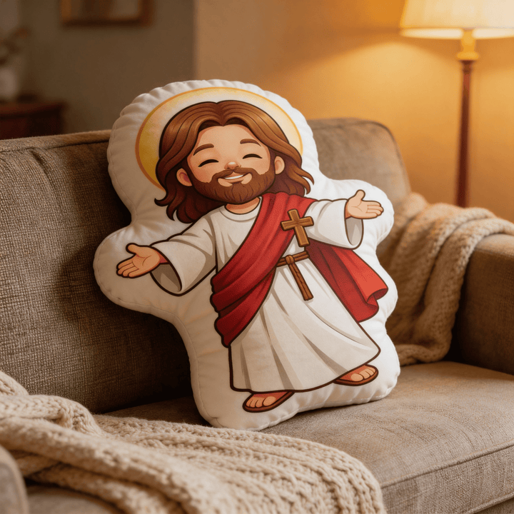 Christianartworkshop Coussin décoratif en forme de Jésus souriant et mignon, les bras ouverts et auréolé - image 5