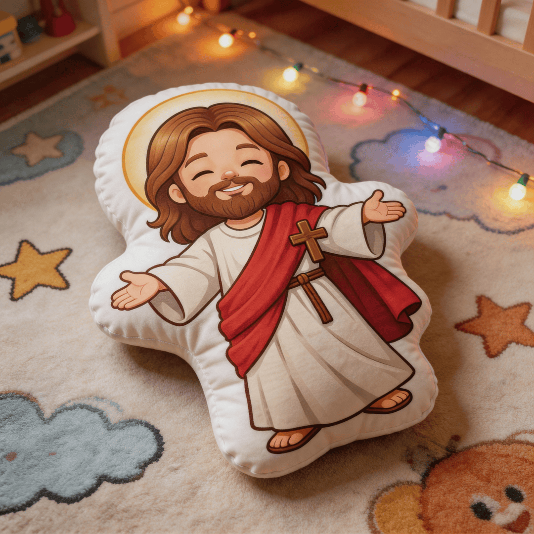 Christianartworkshop Coussin décoratif en forme de Jésus souriant et mignon, les bras ouverts et auréolé - image 6