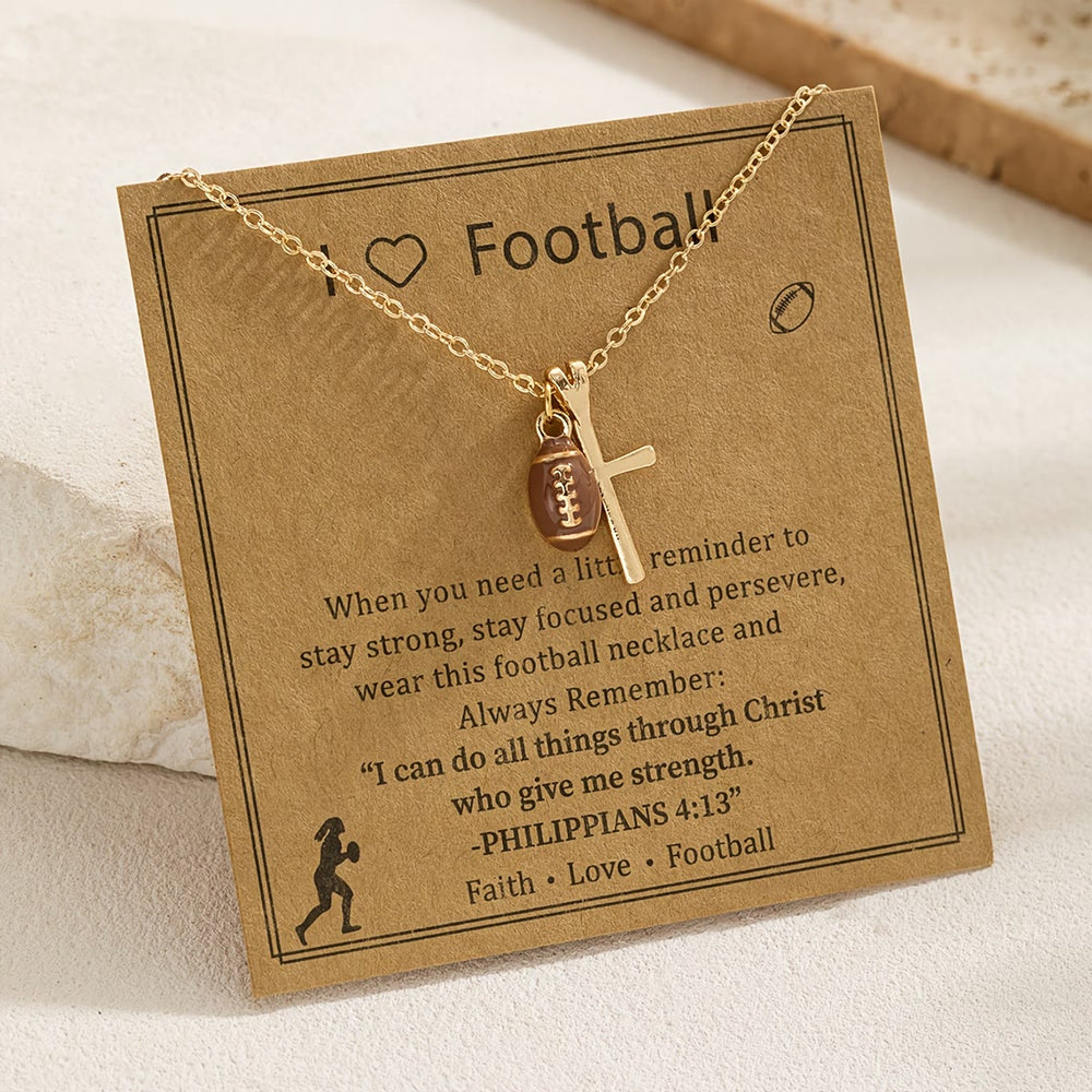 Christianartworkshop Collier pendentif ballon de sport et croix avec le verset Philippiens 4:13 : symbole de foi et de force athlétique - Rugby - image 1
