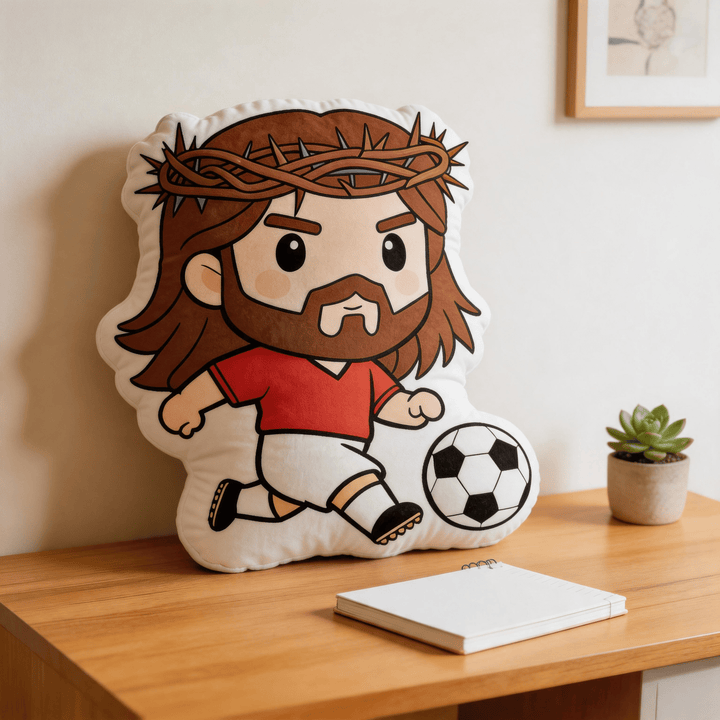 Christianartworkshop Coussin décoratif en forme de couronne d'épines représentant Jésus jouant au football - image 1