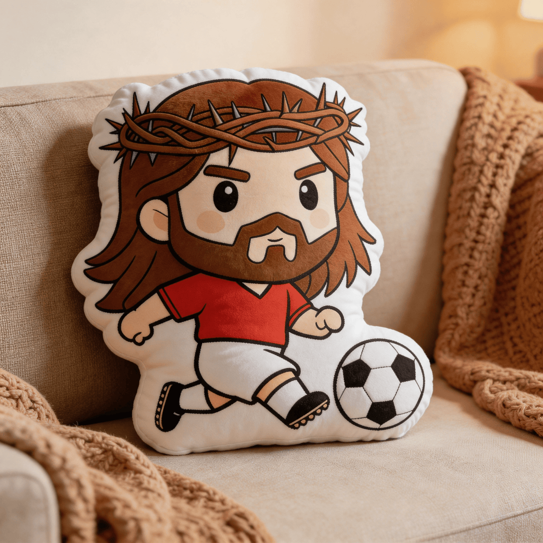 Christianartworkshop Coussin décoratif en forme de couronne d'épines représentant Jésus jouant au football - image 0