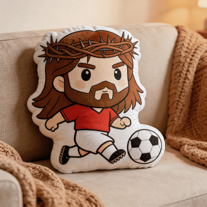 Christianartworkshop Coussin décoratif en forme de couronne d'épines représentant Jésus jouant au football - image 0