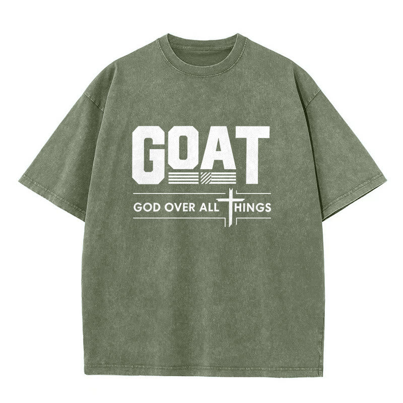 Christianartworkshop T-shirt unisexe délavé « GOAT God Over All Things Faith Statement » - Vert armée - 5XL - image 1