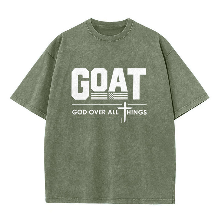 Christianartworkshop T-shirt unisexe délavé « GOAT God Over All Things Faith Statement » - Vert armée - 5XL - image 1