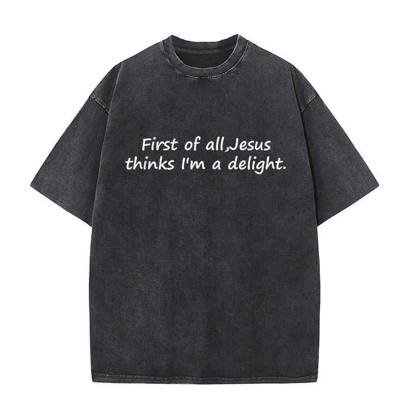 Christianartworkshop T-shirt unisexe délavé avec citation religieuse : « Avant tout, Jésus me trouve charmant » - Noir - 5XL - image 0
