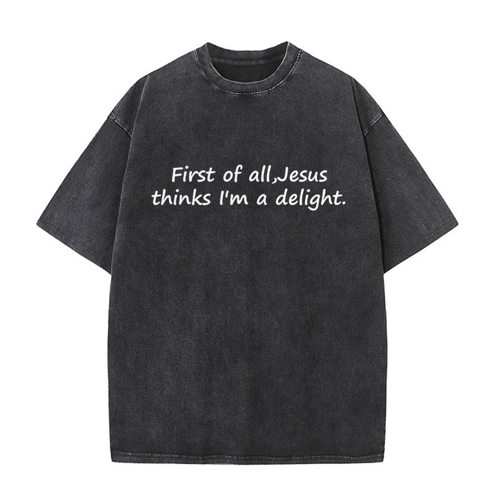 Christianartworkshop T-shirt unisexe délavé avec citation religieuse : « Avant tout, Jésus me trouve charmant » - Noir - 5XL - image 0
