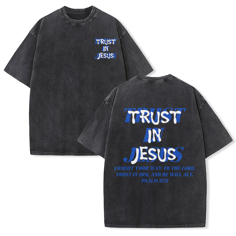 Christianartworkshop T-shirt unisexe délavé « Faites confiance à Jésus » (Psaume 37.5), imprimé recto verso. - Noir - 5XL - image 3