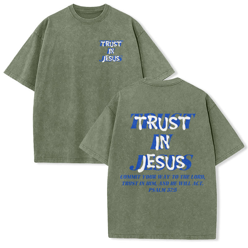 Christianartworkshop T-shirt unisexe délavé « Faites confiance à Jésus » (Psaume 37.5), imprimé recto verso. - Vert armée - 5XL - image 6