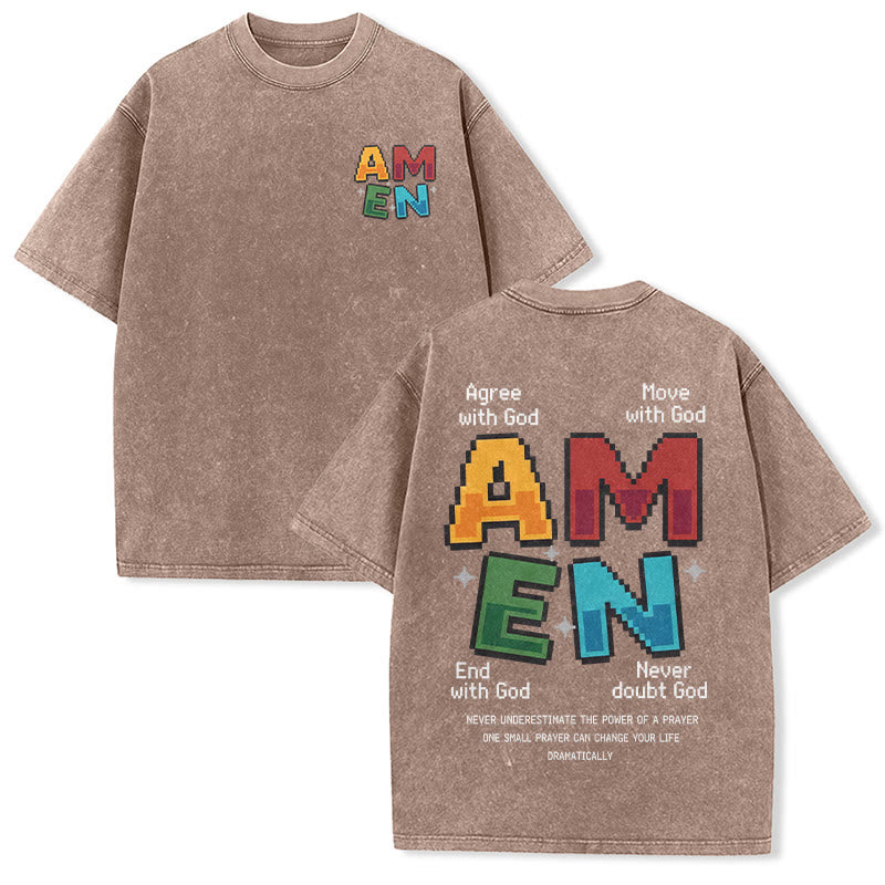 Christianartworkshop T-shirt délavé imprimé recto verso avec l'acronyme « Amen Pixel Art Agree Move End Never ». - Brun - 5XL - image 0