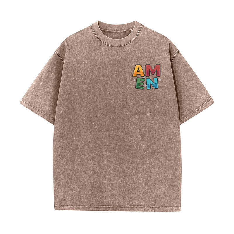 Christianartworkshop T-shirt délavé imprimé recto verso avec l'acronyme « Amen Pixel Art Agree Move End Never ». - image 1